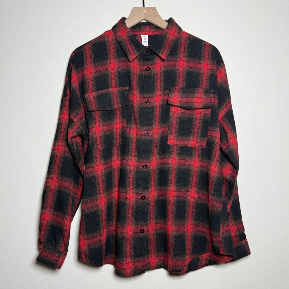 Blooming Jelly Womens‎ Plaid Button Up Shirt S Red Black Oversized Shacket Cabin